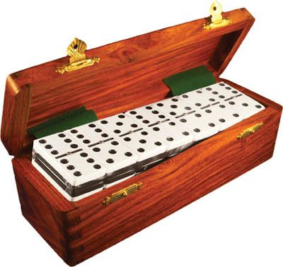 Domino Double Six Two Tone Black And White In Dovetail Jointed Sheesham Wood Box Jumbo Tournament Size With Spinners