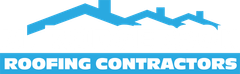 Blue roof line logo with the text &ldquo;ROOFING CONTRACTORS&rdquo; on a light background