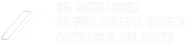 A minimalist white logo featuring an abstract geometric shape next to text for a roofing company and contractor.