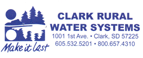 Logo for Clark Rural Water Systems: blue graphic of trees, sun, water, and text with contact information.