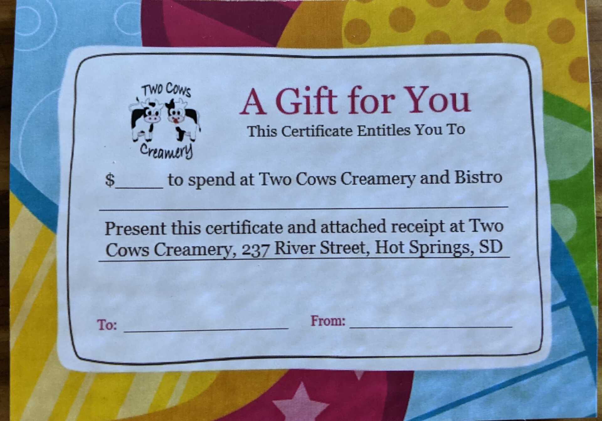A gift certificate for two cows creamery and bistro