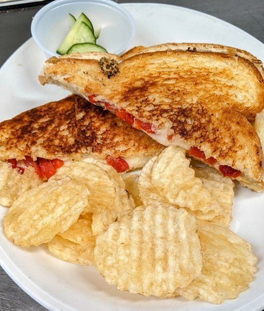 A white plate topped with a grilled cheese sandwich and potato chips.