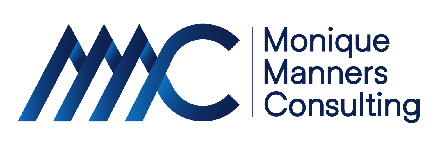 Logo for Monique Manners Consulting featuring a stylized blue 