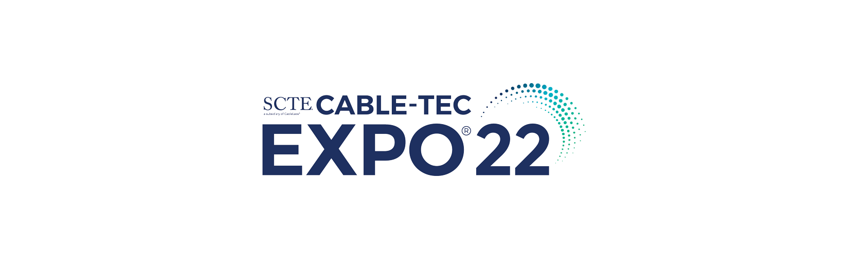 Logo for SCTE Cable-Tec Expo 22 with dark blue text and an abstract teal and blue graphic arc.