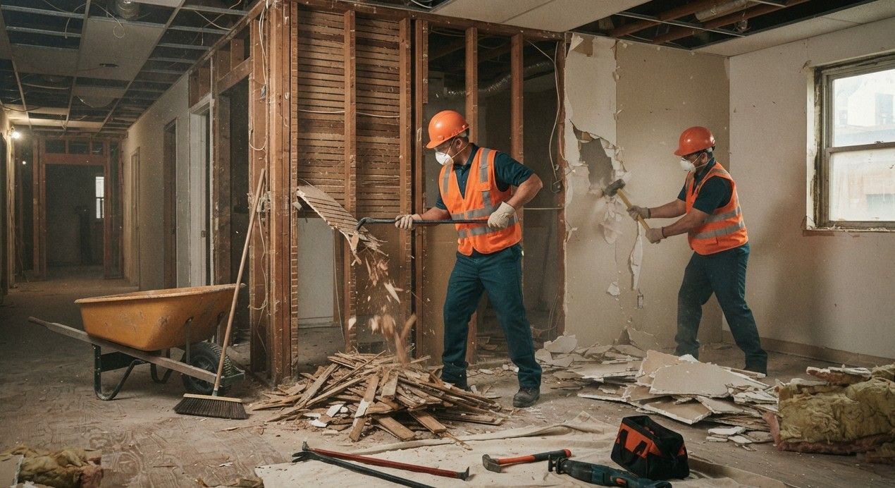Excavator carefully removing the roof and walls of a house