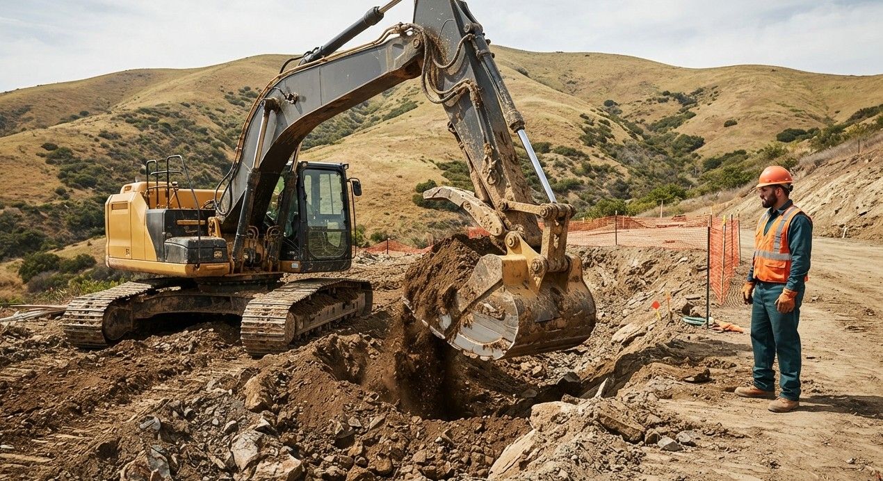 Excavator removing soil from a designated construction area