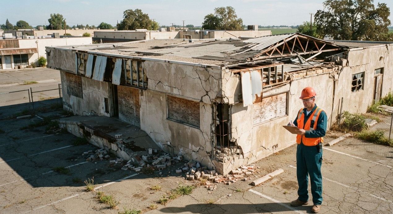 Workers reviewing site conditions for an upcoming demolition project