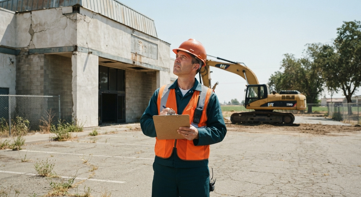 Demolition specialist assessing a property before demolition