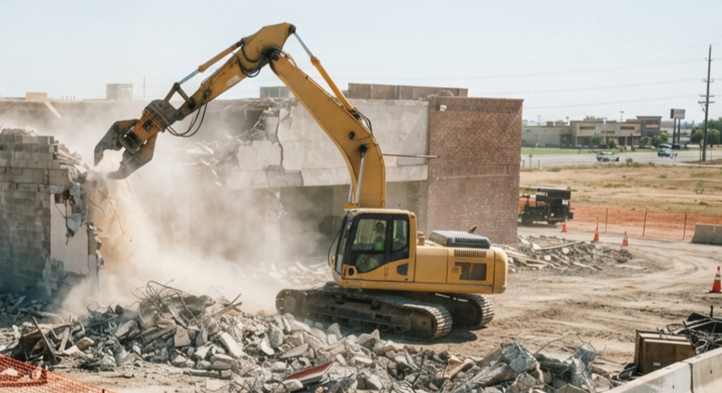 Excavator demolishing an older commercial building in Hanford