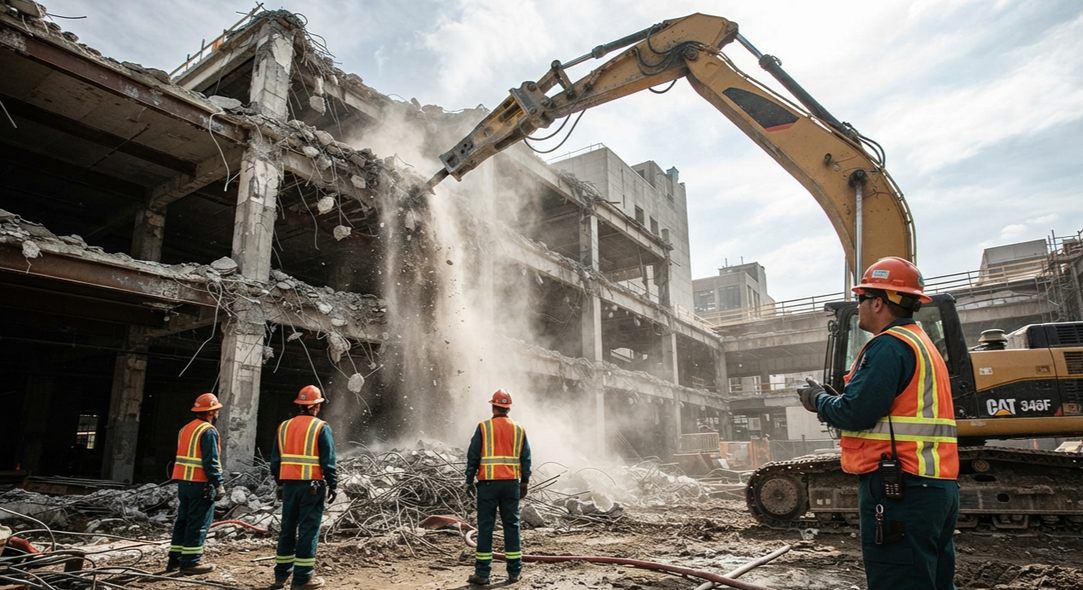 Professional excavator removing an old building in Hanford