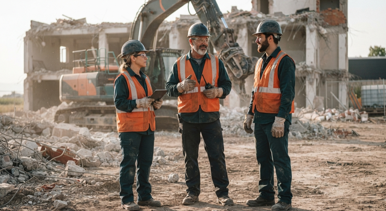 Professional demolition team working at an active job site