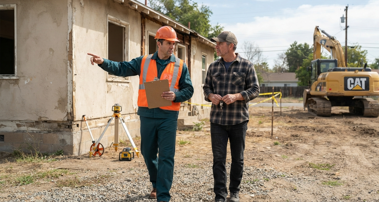 Professional demolition worker discussing service options with a property owner