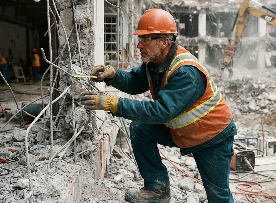 Demolition professionals inspecting a building before removal