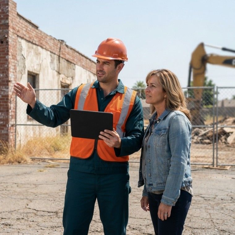 Demolition contractor talking with a homeowner about project requirements