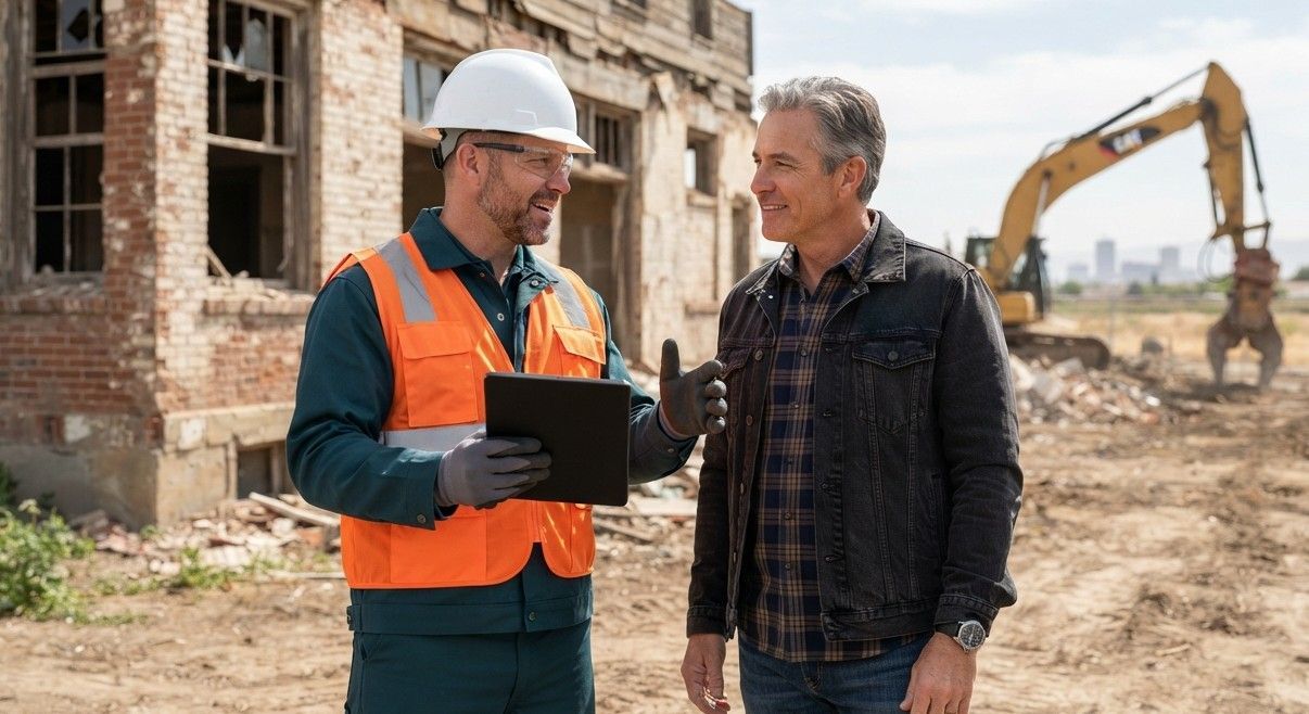 Hanford Demolition Services worker discussing a demolition project with a client