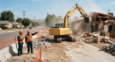 Excavator breaking concrete during a demolition project