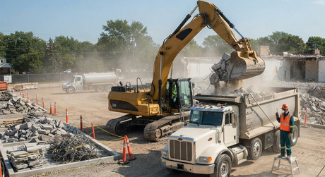 Demolition excavator removing concrete and building materials