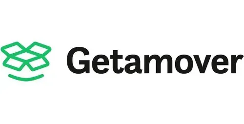 Getamover logo: Green open box icon, black 