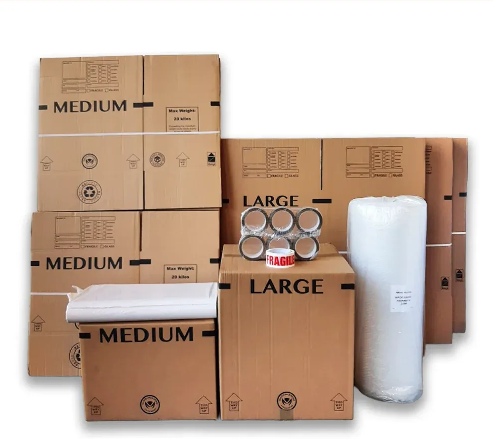 Boxes stacked inside a truck, labeled