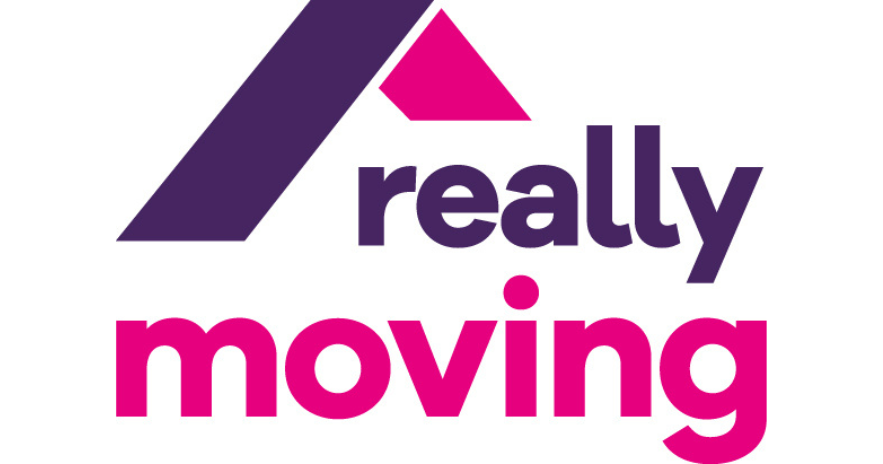 Reallymoving logo with a purple and pink house roof over the word 