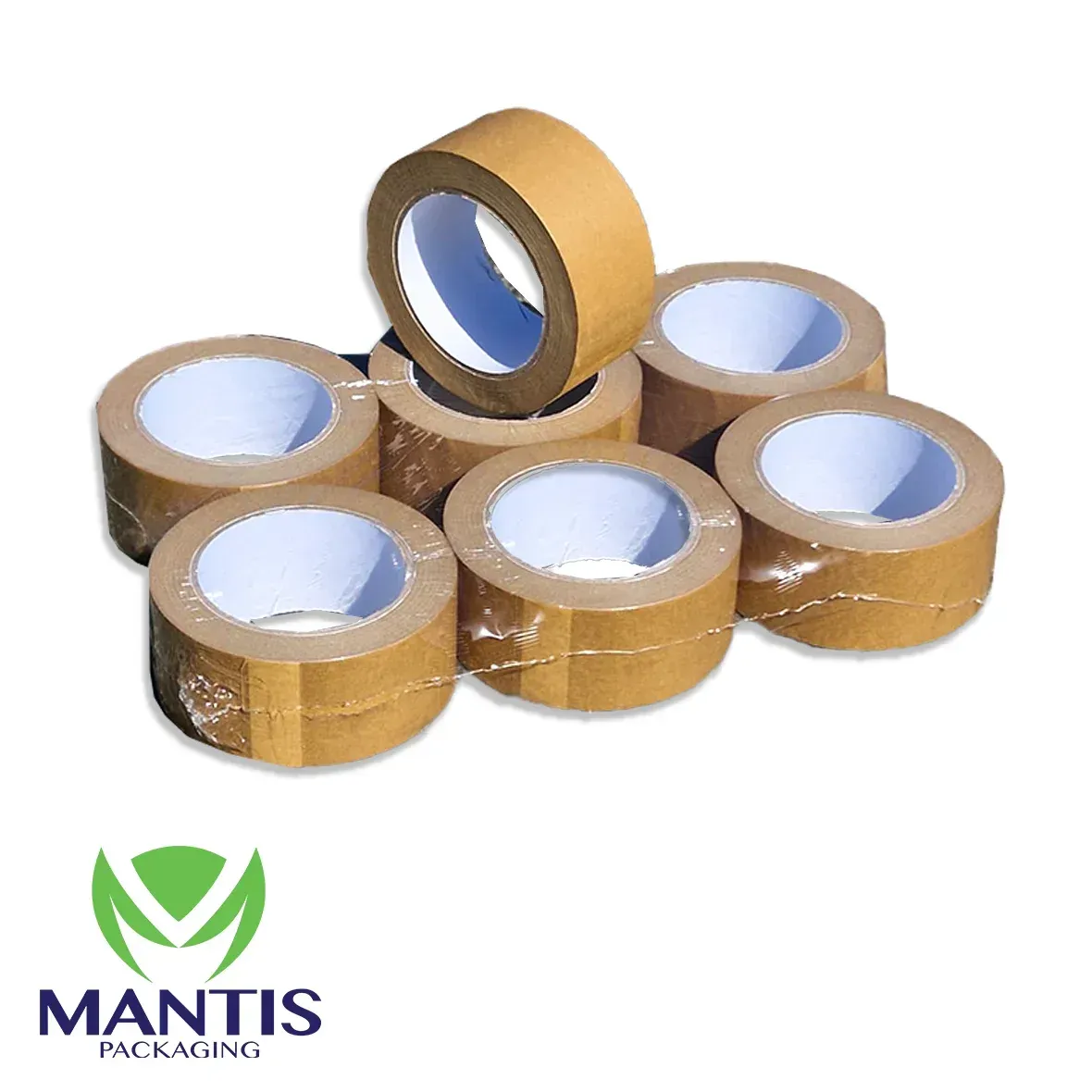 Three rolls of brown paper tape, stacked against each other, showing the white inner roll core.
