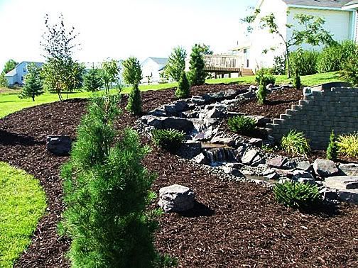 A landscaped backyard featuring a stone tiered waterfall flowing through dark mulch beds, surrounded by trees and shrubs.
