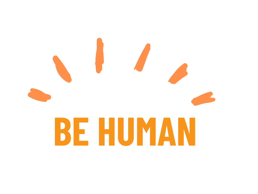 A logo that says `` be human '' with a sun in the background.