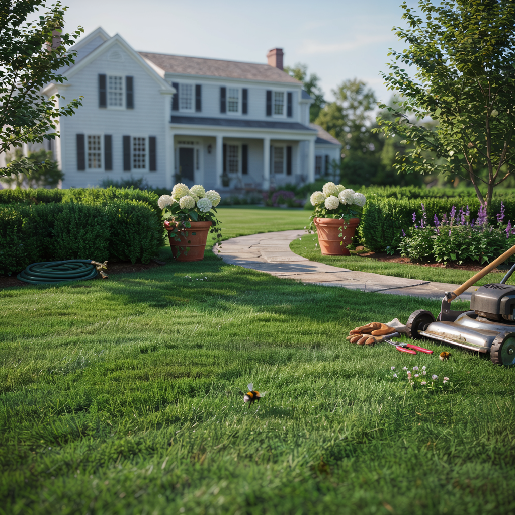 Lawn mower on a green lawn in front of a white house with flower pots and a curved garden path