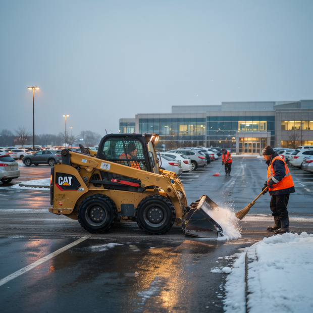 CAT skid steer clearing snow in a wet parking lot while a worker shovels nearby at dusk
