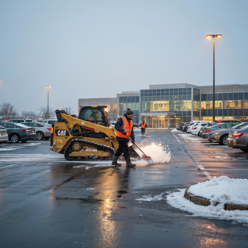 Worker in orange vest clears snow with a skid steer in a parking lot outside a building at dusk.
