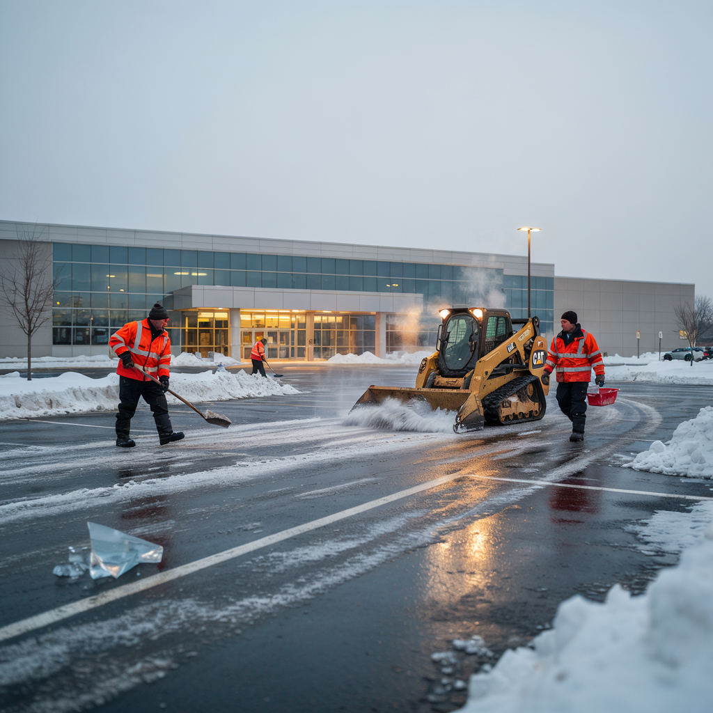 Workers clearing snow with a loader in front of a glass building at dusk