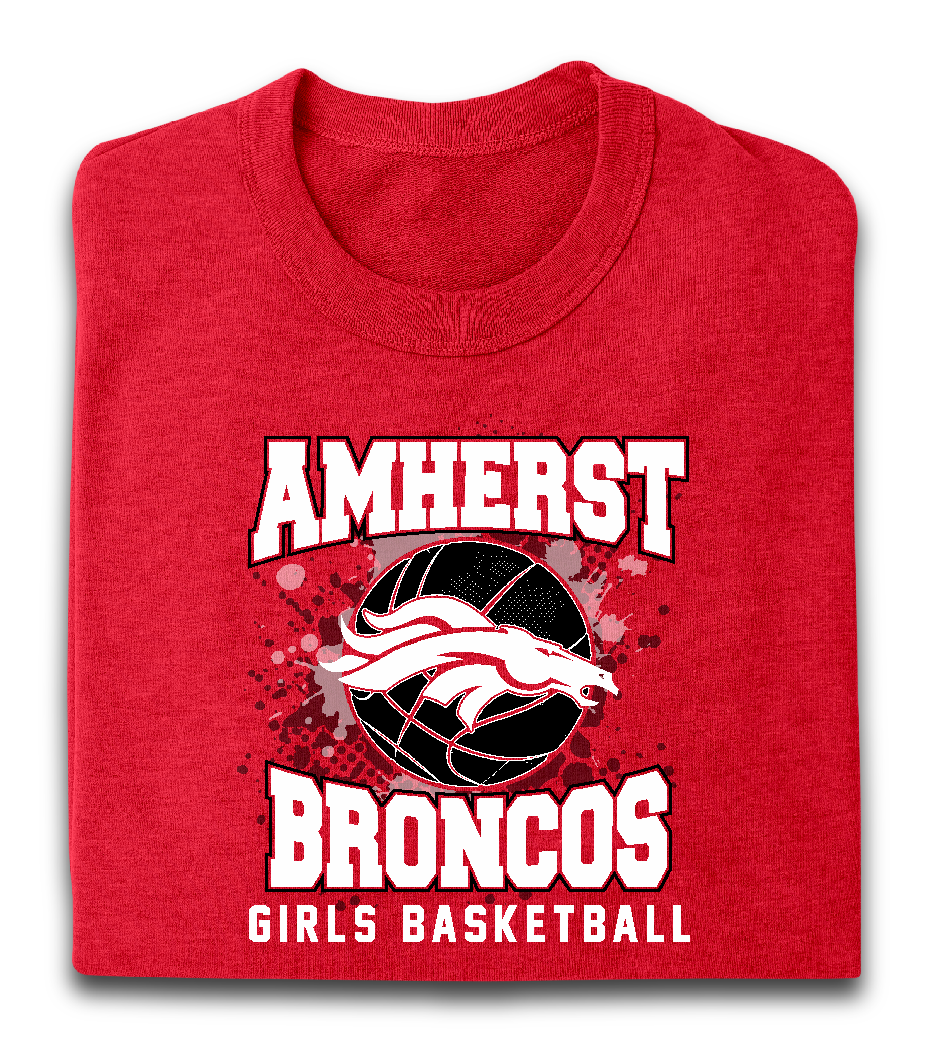 A red shirt that says ' amherst broncos girls basketball ' on it