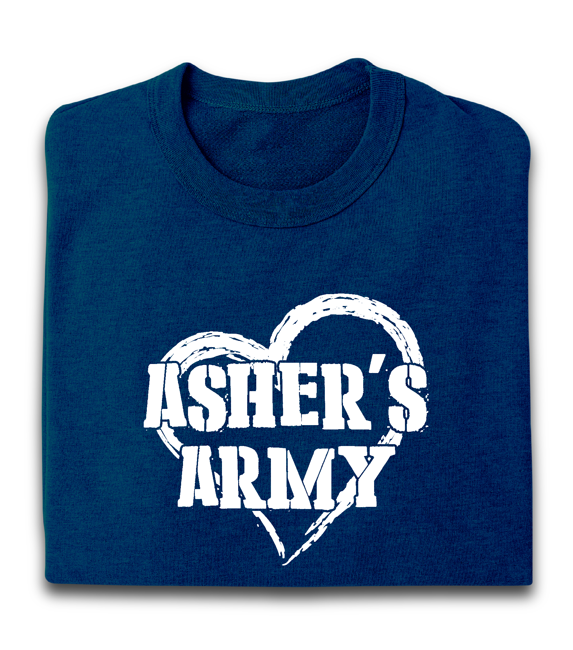 A blue shirt that says ' asher 's army ' on it
