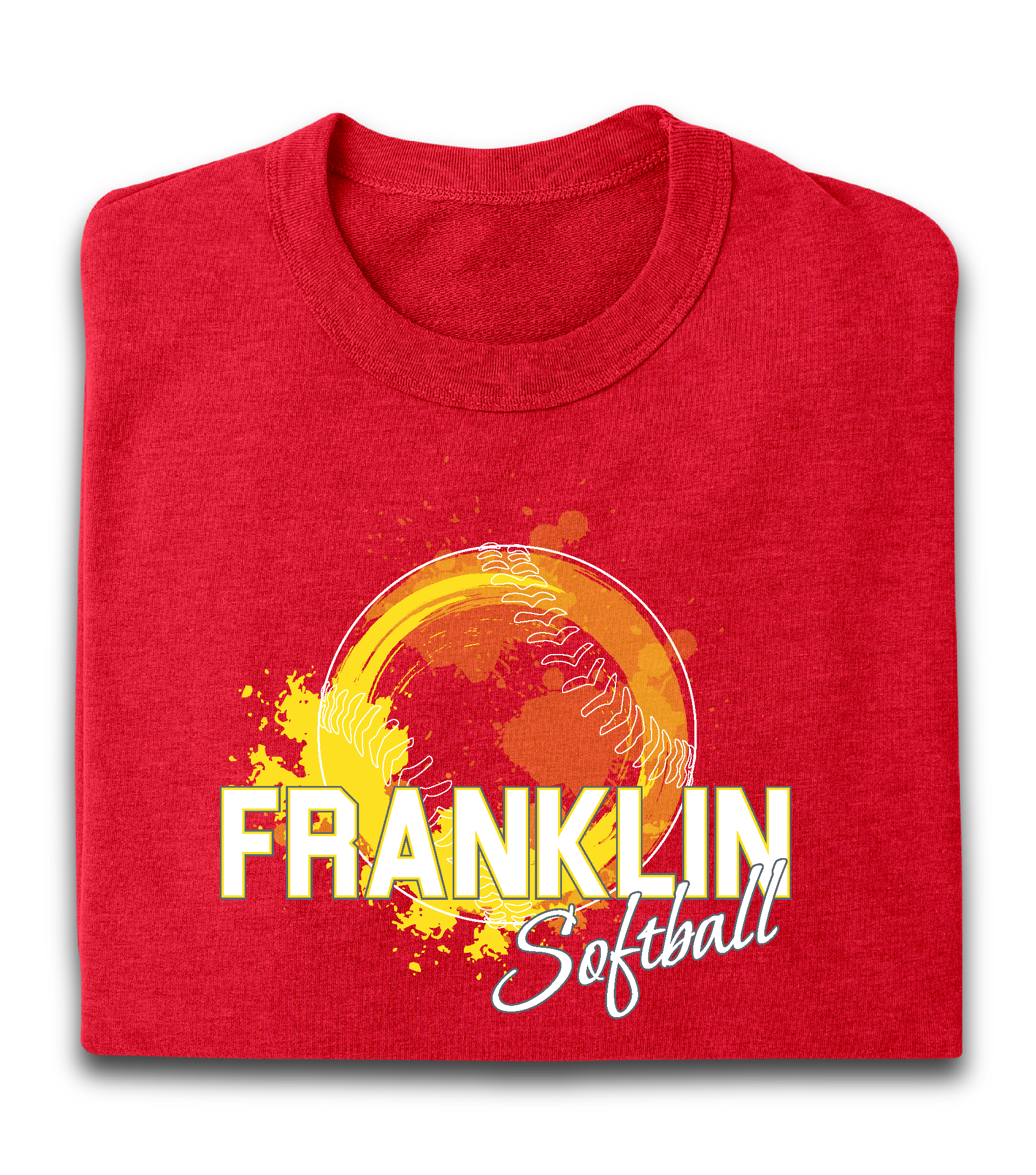 A red franklin softball t-shirt is folded up