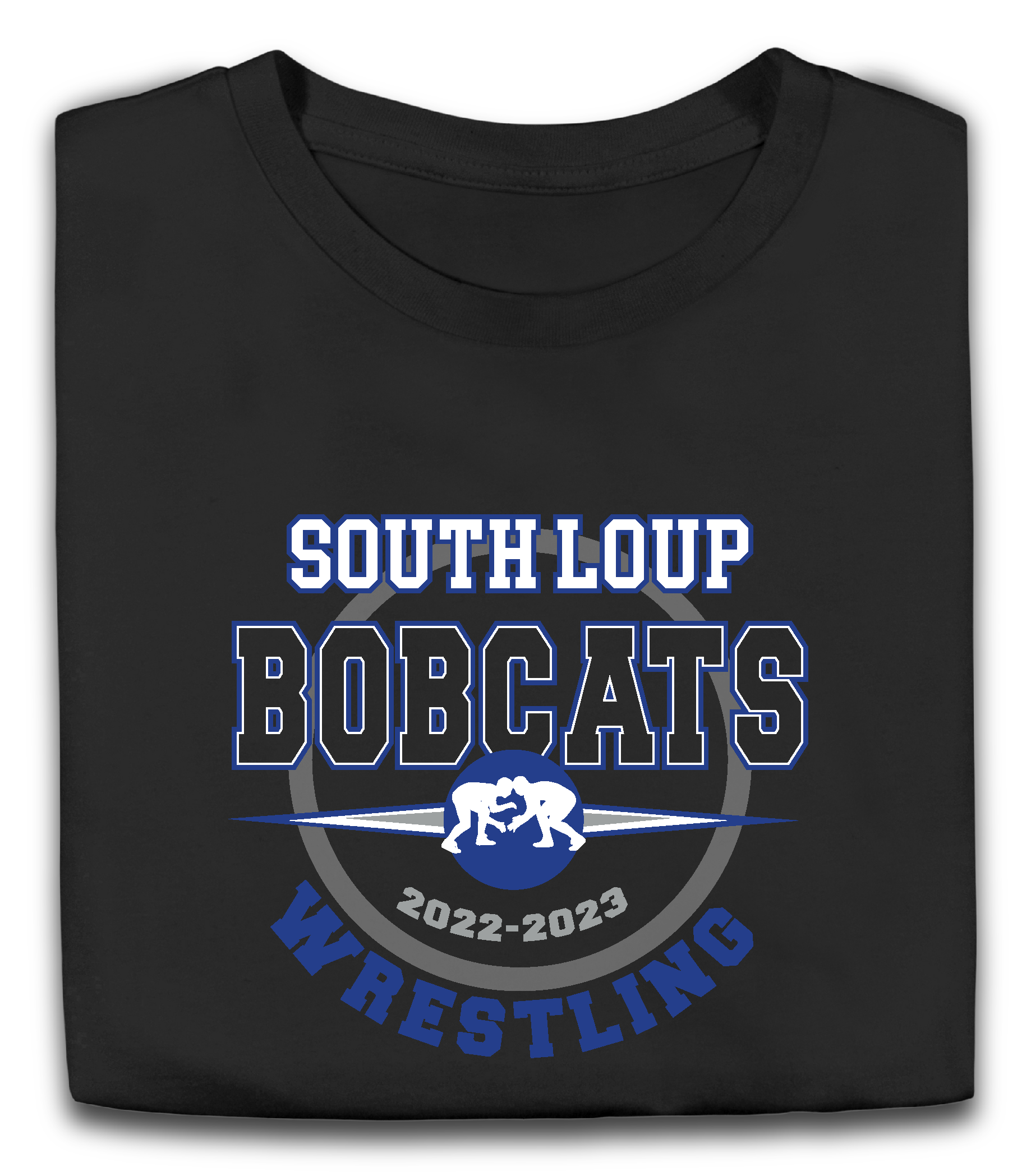 A black t-shirt that says south loup bobcats wrestling