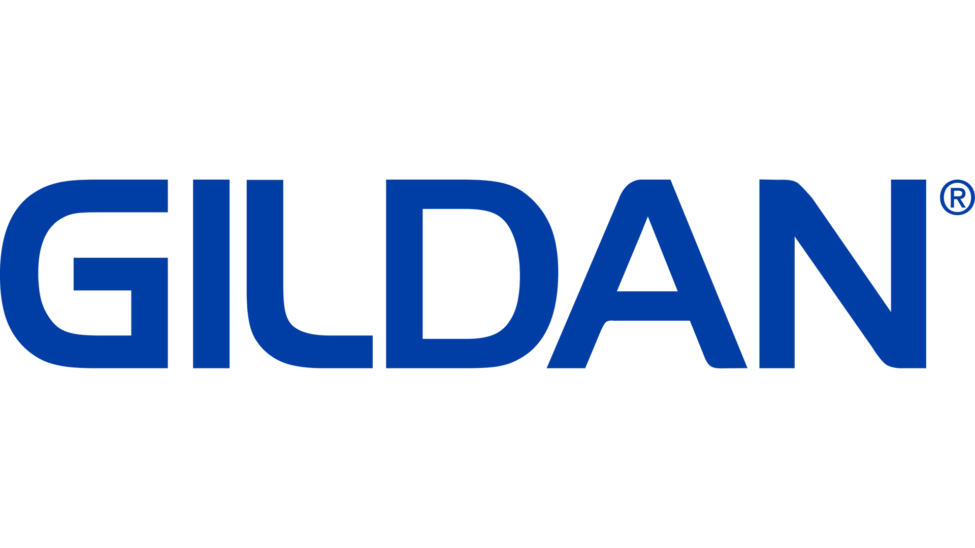 The logo for gildan is blue and white on a white background.