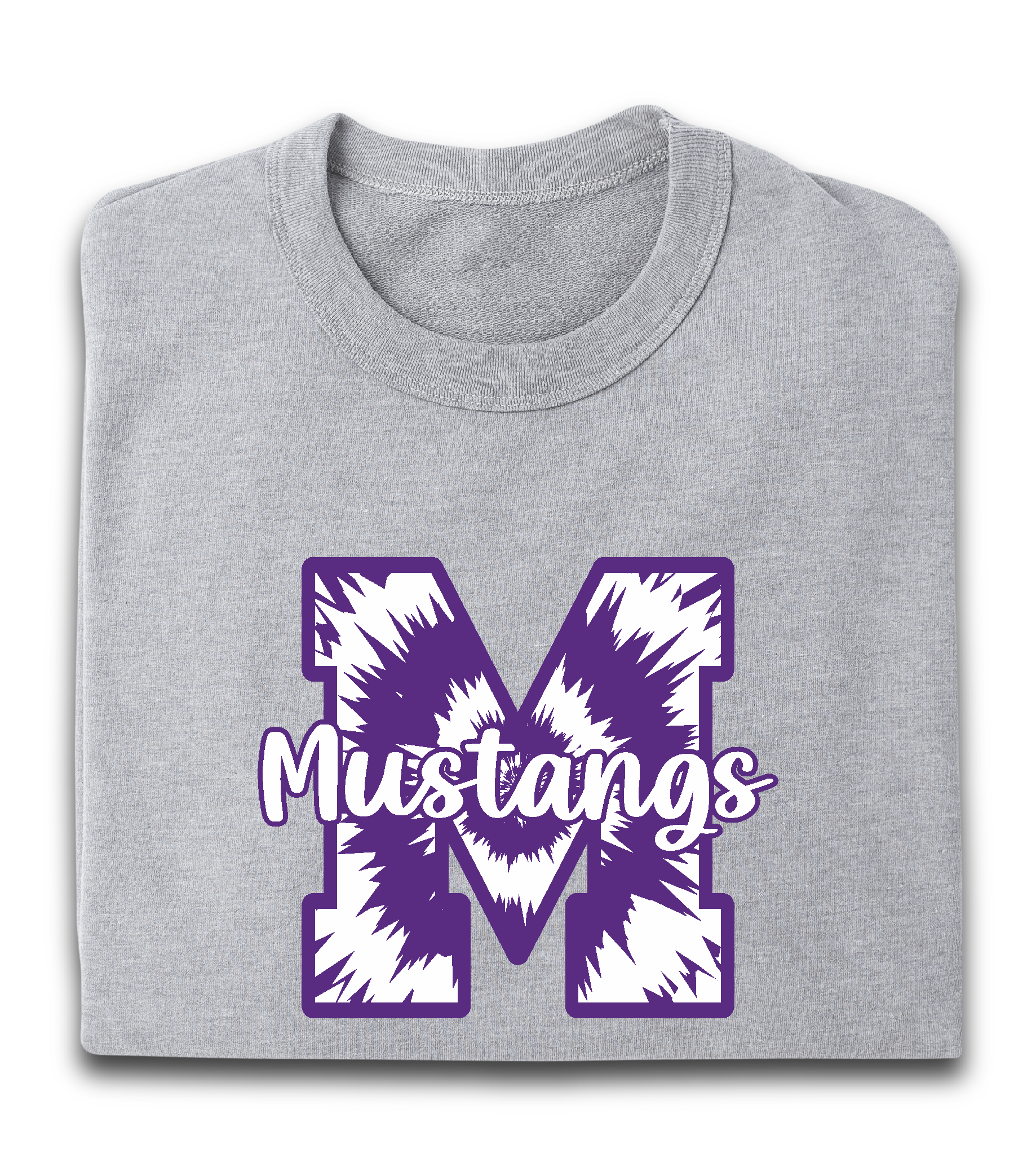 A gray t-shirt with a purple letter m on it.