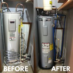 a before and after picture of a water heater in a closet