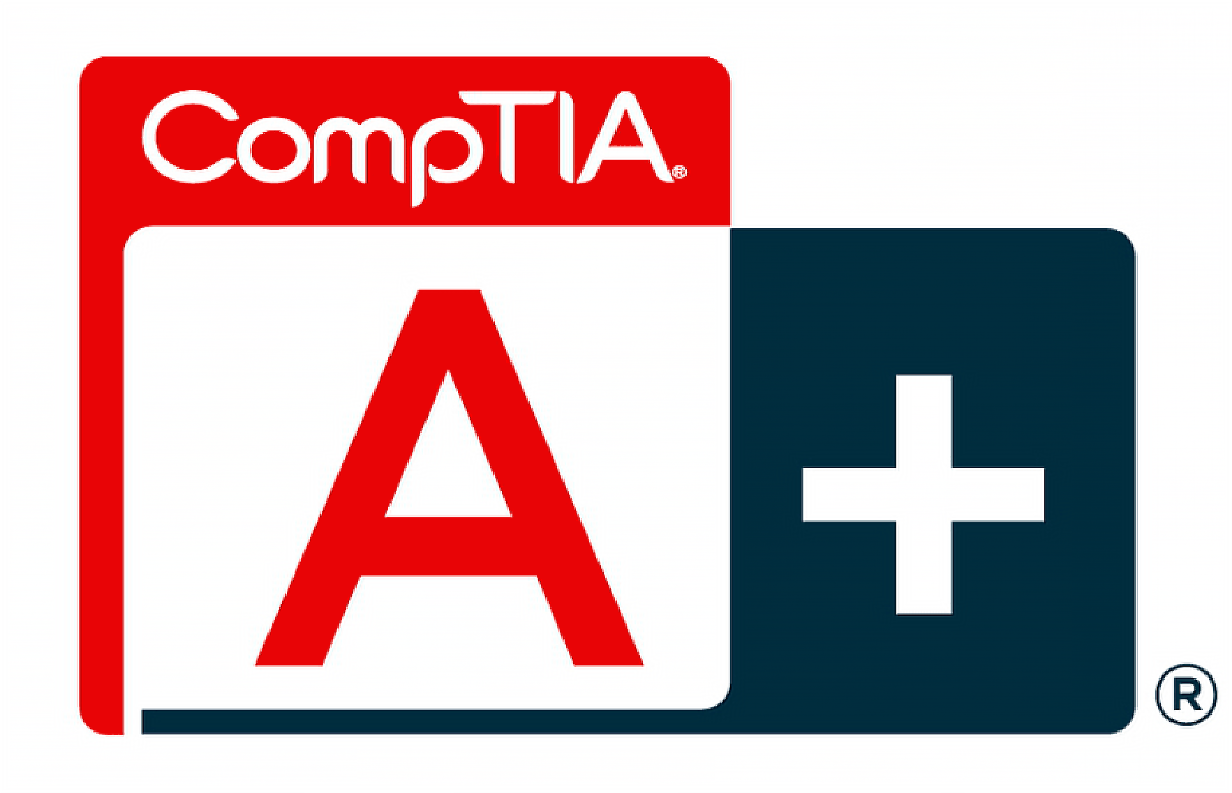 The comptia a + logo is red , white and blue.