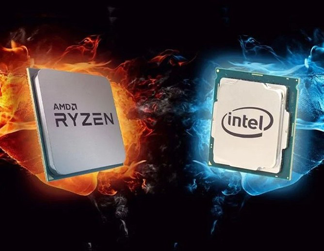 An amd ryzen processor and an intel processor are sitting next to each other.