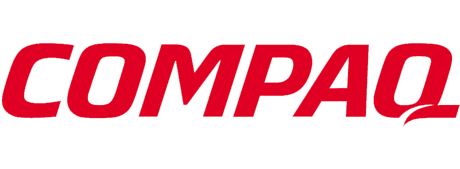 A red and white logo for compaq on a white background