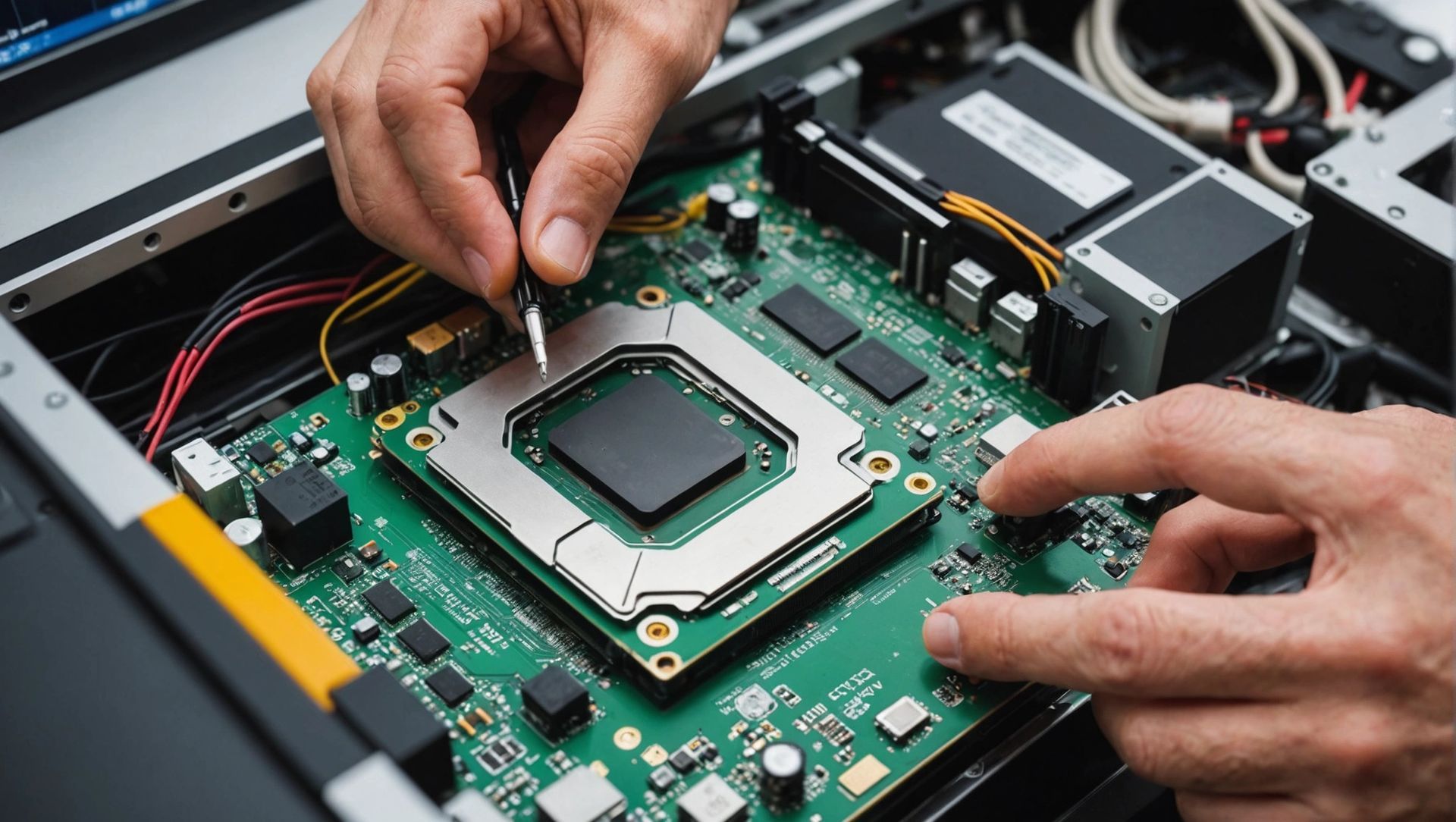 A person is working on a computer motherboard with a screwdriver.