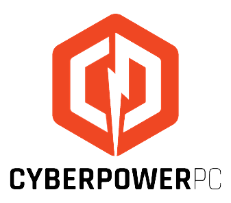 A red and white logo for cyberpower pc