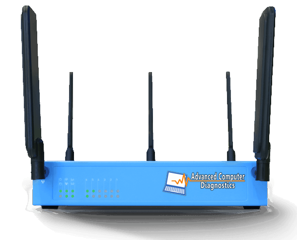 A blue advanced computer diagnostics router with four antennas