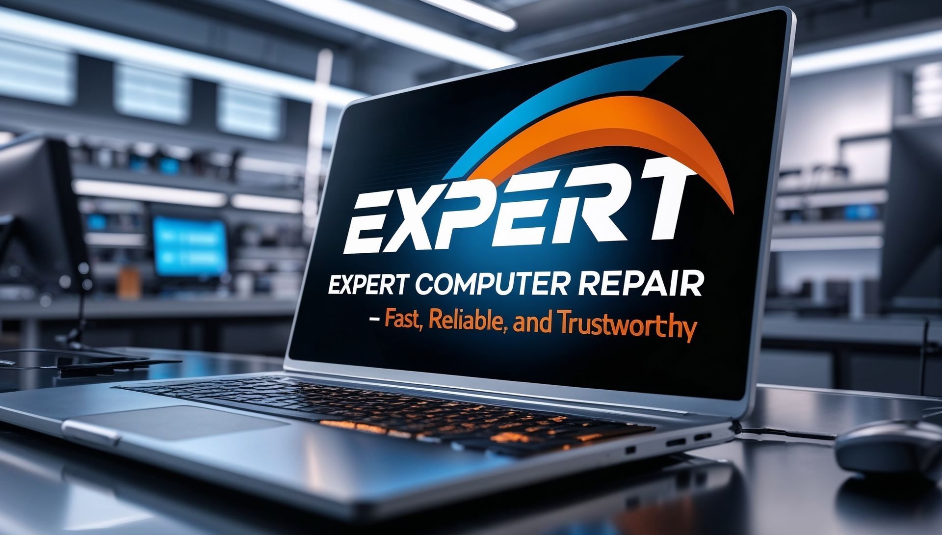 A laptop is open to a page that says expert computer repair