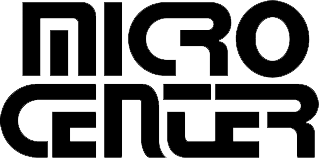 A black and white logo for micro center on a white background.