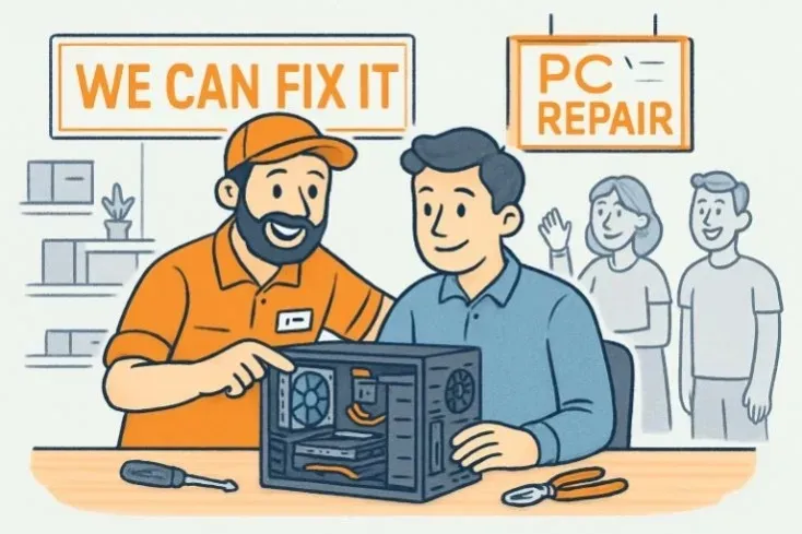 A smiling repairman points to a computer's open case for a customer. 