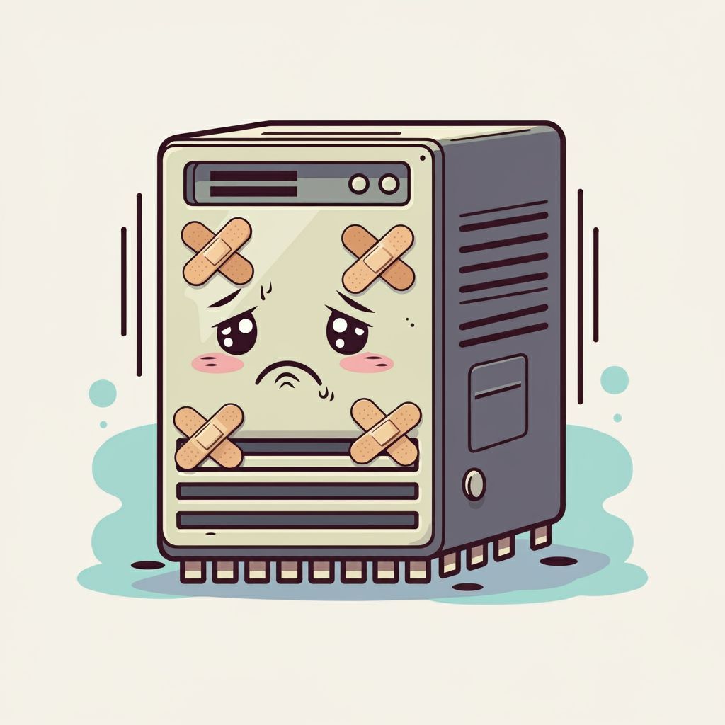 A cartoon illustration of a computer with bandages on it 's face.
