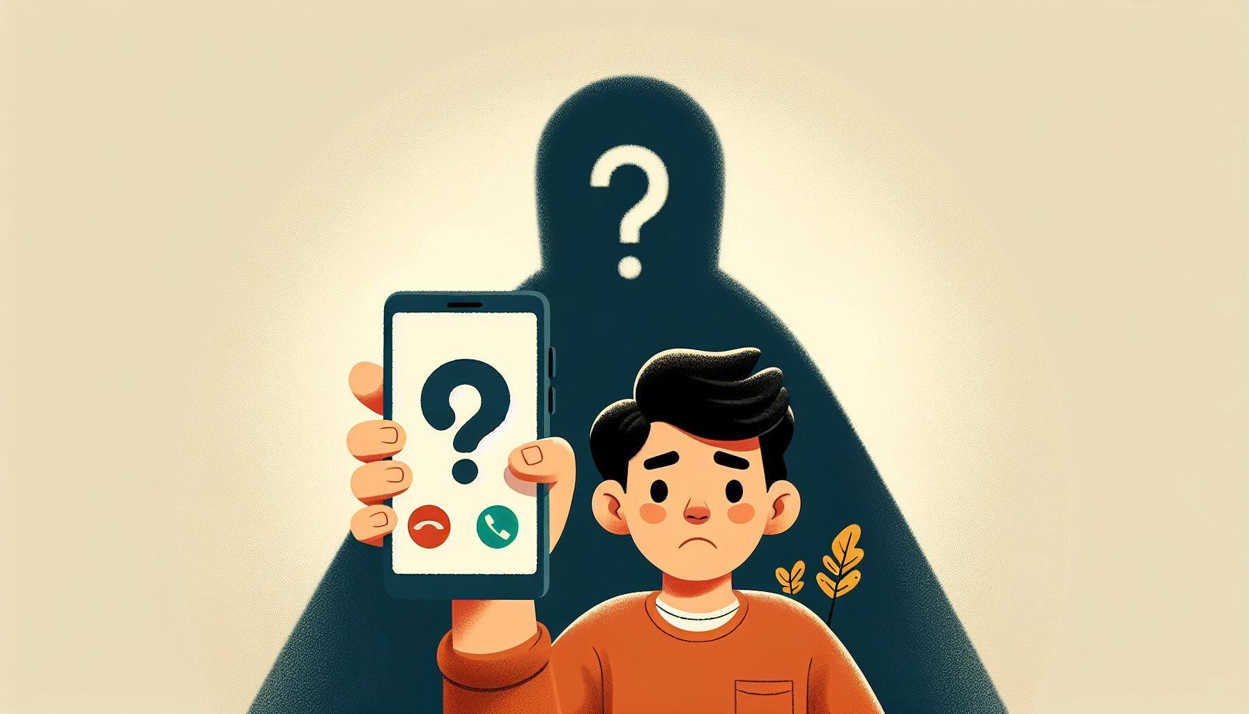 A man is holding a cell phone with a question mark on it.