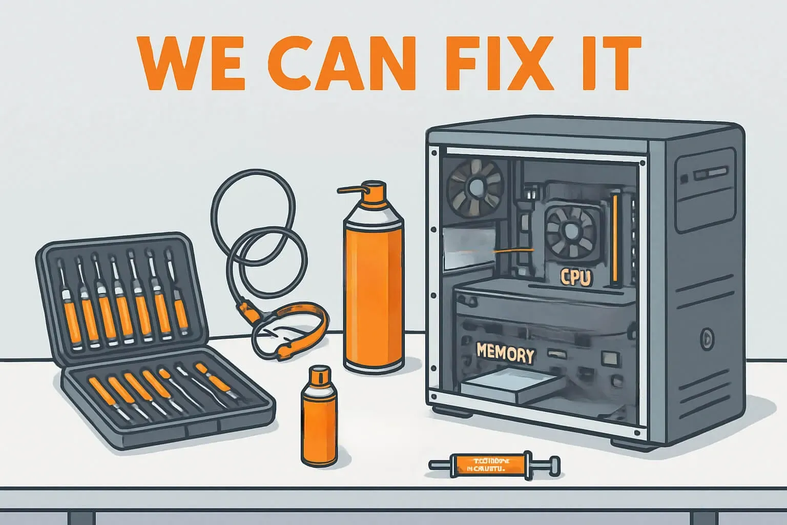A computer repair scene with tools and a PC case. Text reads 